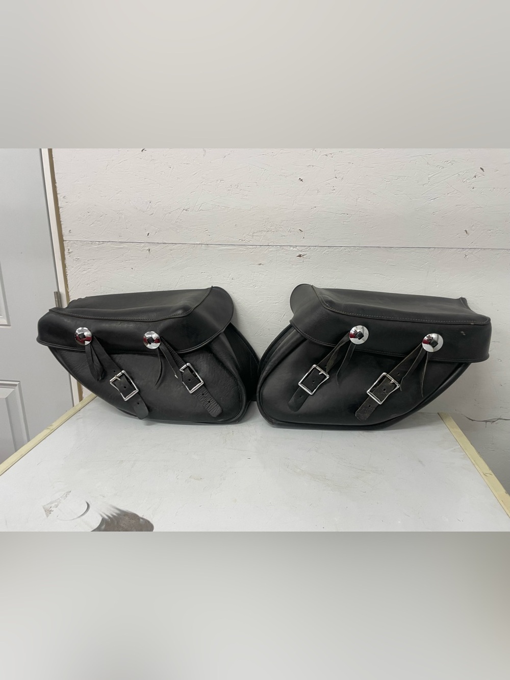 Vintage Auburn Leather Motorcycle Tear Drop Saddlebags, Pair, Made in USA